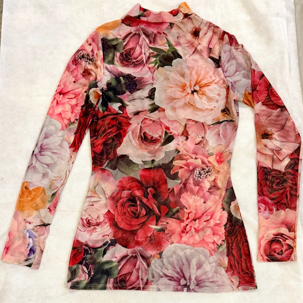 Fashion Nova Pink Floral Mesh Long Sleeve Top | Sheer Y2K Floral Print | Size M